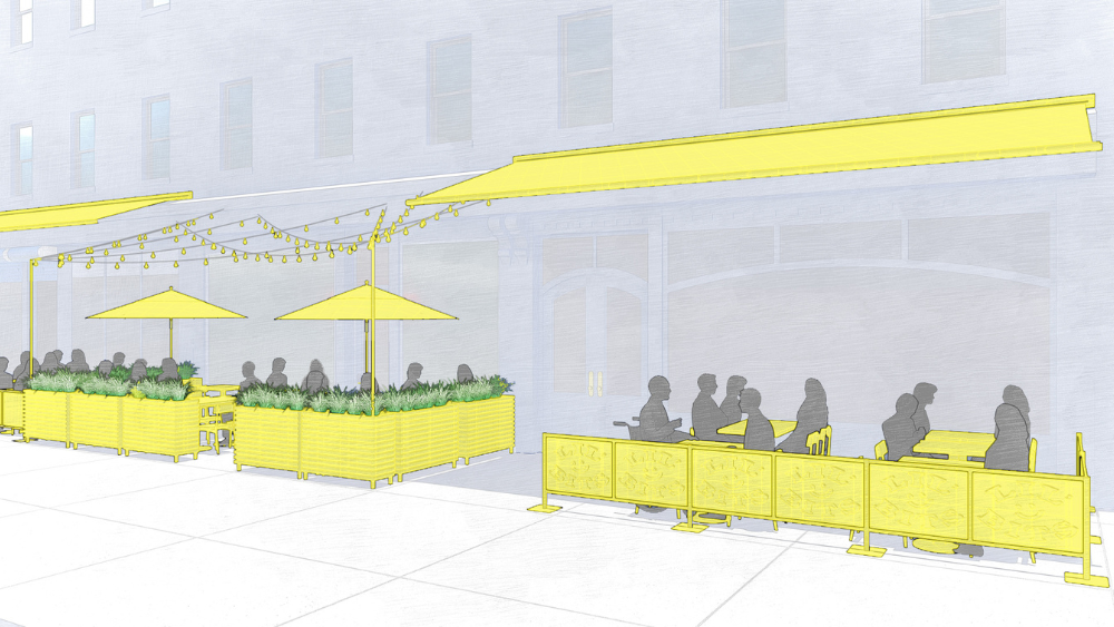 Diagram of outdoor dining setup on a sidewalk along a restaurant's frontage